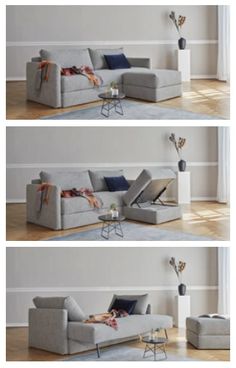 three different views of a living room with couches