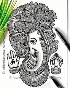 an intricately designed drawing of the hindu god ganesha with his hands in the air