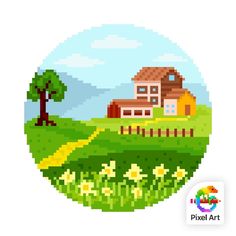 the pixel art logo is shown in front of a green field with flowers and a house