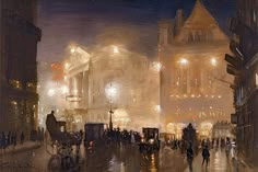 a painting of a city street at night with people walking and horse drawn carriages in the rain