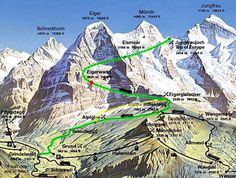 a map showing the route to the top of a mountain in europe with green markers