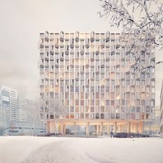 an artistic rendering of a building in the snow with people walking around it and trees