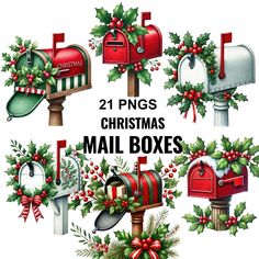 christmas mail boxes with holly wreaths and bows