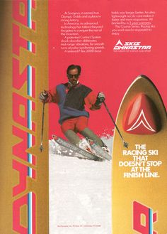 an advertisement for skis featuring a man skiing