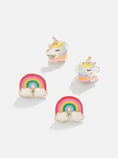 A reminder of all of their favorite things, the Rainbows and Unicorns Kids' Earring Set is sure to make them smile. This set comes complete with one set of unicorn earrings and one set of rainbow earrings. Please note: intended for children 3+ Cute Rainbow Earrings, Kid Earrings, Unicorn Hair Clip, Unicorn Things, Kids Studs, Bracelets For Kids, Ballerina Kids, Rainbows And Unicorns, Earrings For Kids