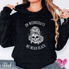 This On Wednesdays We Wear Black shirt was designed especially for elder emo spooky babes with a preppy goth flair. Make a statement as you stand out from the pink pack with your matching ghoul gang tees and metalcore style. 🖤 Looking for this design on a T-Shirt? I've got you! https://wildheartstudiotx.etsy.com/listing/1773114459 THE NITTY GRITTY: 💕  MATERIALS + PRODUCTION 💕 ➢All sweatshirts are designed by me in my studio in Texas, and printed by my partners using an eco-friendly direct-to- Black Grunge Hoodie For Alternative Fashion, Black Punk Hoodie For Alternative Fashion, Black Emo Hoodie With Graphic Print, Black Punk Hoodie For Concert, Black Alternative Hoodie With Graphic Print, Punk Black Hoodie For Concert, Black Emo Cotton Hoodie, Black Alternative Style Hoodie With Graphic Print, Alternative Black Hoodie For Concert