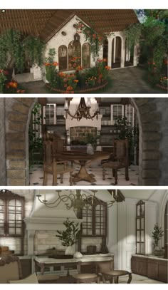 three different views of the inside of a house and outside of a dining room area