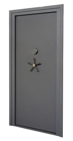 a close up of a metal door with a clock on the front and side of it