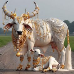 a cow and her baby are standing on the side of the road with gold jewelry around their necks