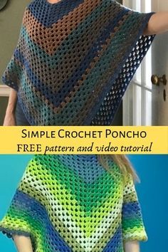 a woman wearing a crochet poncho is standing in front of a door