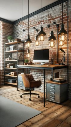 an office with brick walls and wooden floors is lit by pendant lights that hang from the ceiling