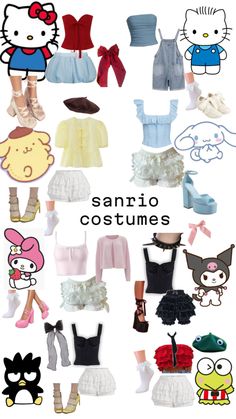 an assortment of hello kitty costumes on display with caption that reads sanrio costumes