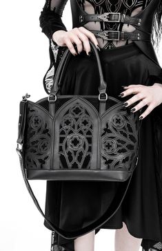 Unleash your dark and mysterious side with our goth catacombs black handbag. crafted with impeccable attention to detail, this hauntingly beautiful accessory is designed to complement your unique style. explore the depths of darkness and embrace your inner gothic essence with this must-have fashion statement. Goth Queen, Gothic Mode, Unique Clothes, Gothic Shop, Gothic Rock, Arched Windows, Gothic Architecture, Rave Wear