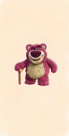 a pink teddy bear holding a stick in the air with its mouth open and eyes closed