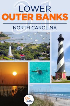 an advertisement for the outer banks in north carolina with images of lighthouses and boats