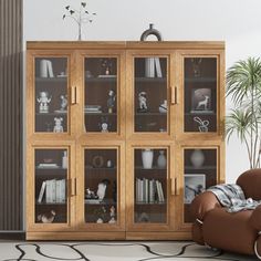 a living room scene with focus on the bookshelf and chair in the foreground