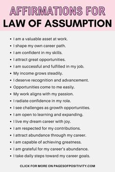 a pink and white poster with the words affirmations for law of asumption