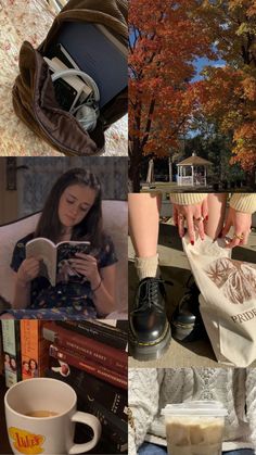 a collage of photos with coffee, books and other things to read in the fall