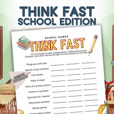 the think fast school game is shown with an image of books and pencils on it