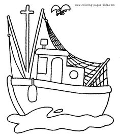 a boat floating in the water with an umbrella on it's roof coloring page