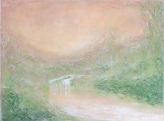 an abstract painting with green and pink colors on the bottom half of it, in pastel tones