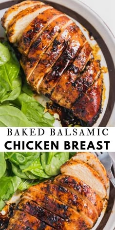 baked balsamic chicken breast on a plate with lettuce