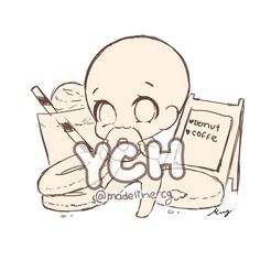 an image of a cartoon character with the word yeah on it's face and some food