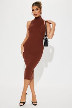 Available In Hunter And Cognac. Sweater Midi Dress Sleeveless Mock Neck Stretch 50% Rayon 30% Polyester 20% Nylon Imported | Take Me To Work Sweater Midi Dress in Cognac Brown size XL by Fashion Nova Brown Ribbed Dress For Date Night, Fall Sleeveless Solid Dresses, Solid Sleeveless Dress For Fall, Solid Sleeveless Dresses For Fall, Chic Brown Ribbed Midi Dress, Stretch Brown Midi Dress For Date Night, Brown Ribbed Knee-length Midi Dress, Sleeveless Ribbed Midi Dress For Date Night, Brown Stretch Halter Neck Dress