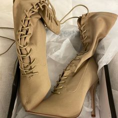 Nude Lace Up Sock Bootie W/ 4” Heel Never Worn White Leather Booties, Black Military Boots, Sock Bootie, Pointed Ankle Boots, Crocs Boots, High Ankle Boots, Sock Boots, Block Heel Ankle Boots, Black Stilettos