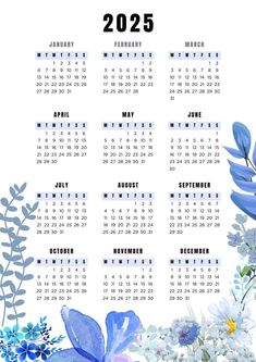 a blue and white calendar with flowers on it