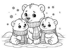 three teddy bears wearing scarfs and scarves sitting on the ground with snowflakes behind them