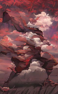 an abstract painting of rocks and clouds in the sky, with red hues on them