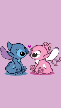 two cartoon characters sitting next to each other on a purple background, one is kissing the other