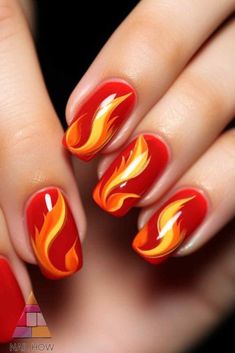 Elegant red and orange flame nails with a touch of teal. These short classy nails are perfect for those who love bold, eye-catching designs. Explore more at nailhow.com. White Fire Nail Design, Orange Flame Nails, Short Classy Nails Acrylic, Classy Nails Acrylic, Nail Deaigns, Red Orange Nails, Short Classy Nails, Orange Nail Art, Flame Nails