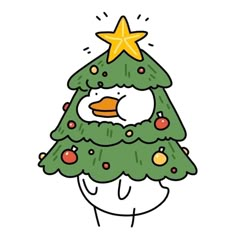 a cartoon christmas tree with a star on it's top and an ornament in the shape of a penguin