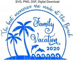 the family vacation logo with palm trees and dolphins in blue ink on a white background