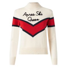 Woman sweaterApres ski Queen embroidery on white backgroundRed and black detailsHalf-turtleneckRegular fitComposition: Blended cashmere Apres Ski Fancy Dress, Queen Embroidery, Ski Jumper, Red Jumper, Barbour Steve Mcqueen, Cashmere Color, Saint Barth, Pleats Please Issey Miyake, Saint Laurent Shoes