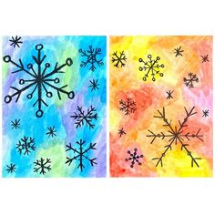 snowflakes are drawn on watercolor paper and then painted with colored pencils