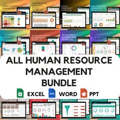 the all human resources management bundle is shown with multiple screens and text that reads,'all human resources management bundle excel word pp