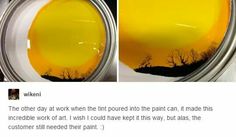 two pictures of yellow paint in a jar with trees on the inside and one is black