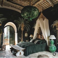 a bedroom with a canopy bed and palm trees