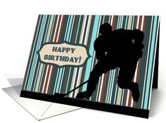 a birthday card with a hockey player holding a stick and the words happy birthday on it