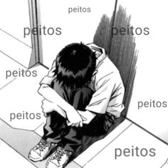 a boy sitting on the floor with his head down and words written in different languages