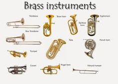 various types of brass instruments are shown in this image with the words brass instruments below them