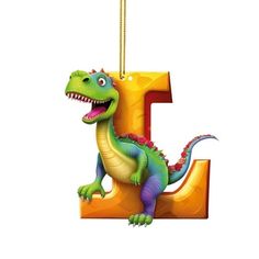 the letter i is for t with a cartoon dinosaur hanging from it's neck