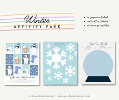 the winter activity pack includes four cards, two envelopes and one sticker with snowflakes on them