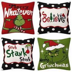 four christmas pillows with the characters of grino, merry whatever and stink stank stuff on them