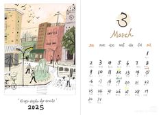 a calendar with an image of people walking on the street and birds flying around it