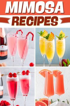 several different types of drinks with the words mimosa recipes