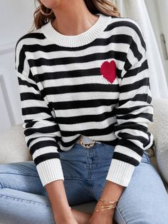 [goods_name] | SHEIN USA Shein Maternity, Drop Shoulder Sweater, Shein Outfits, Maternity Sweater, White Casual, Heart Patterns, Shoulder Sweater